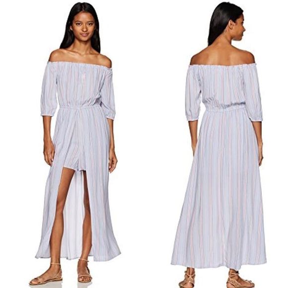 ☀️NWT MIDNIGHT DOLL Stripe Maxi Romper Off-the-Shoulder - Picture 1 of 16